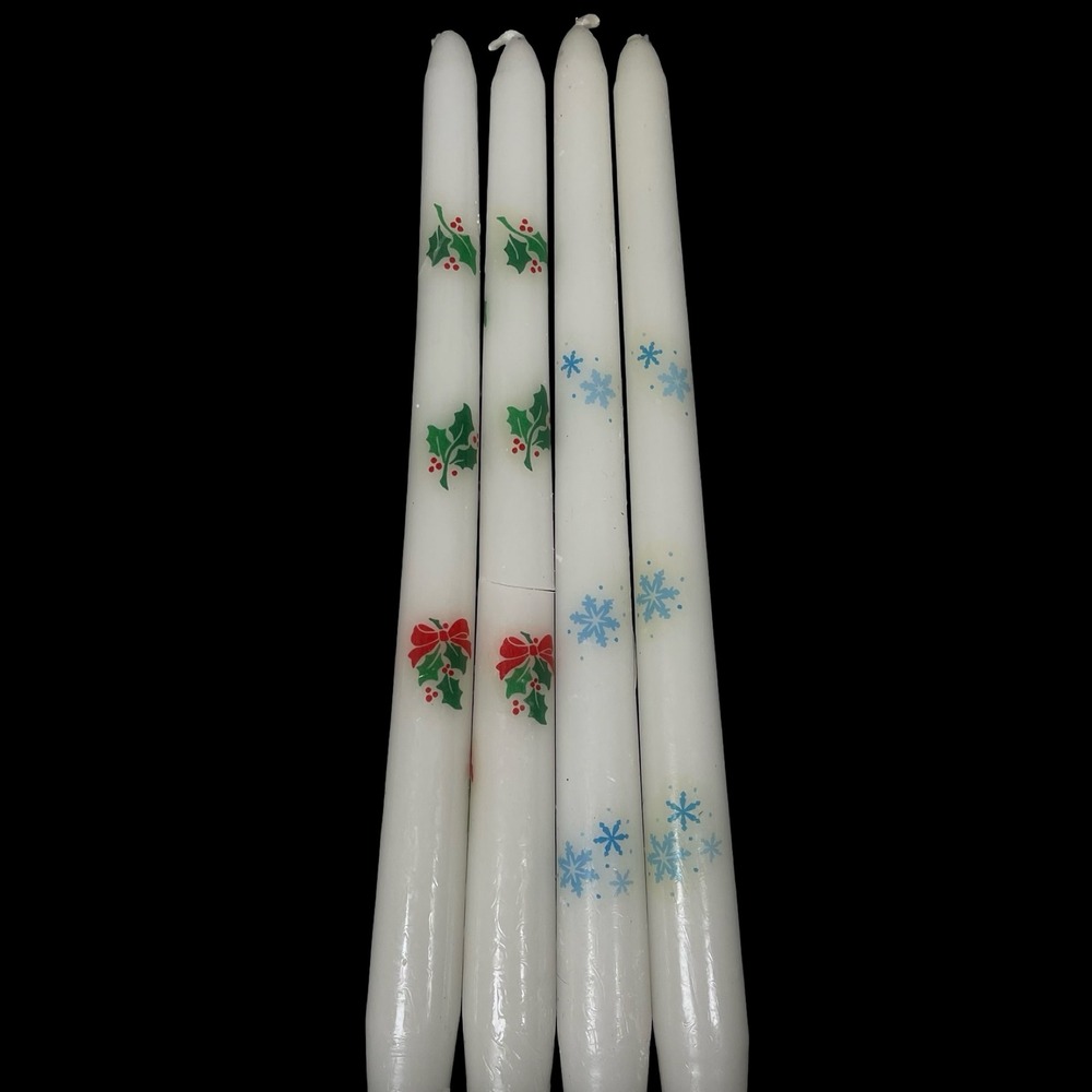 Vintage Christmas Taper Candles Holly Snowflake Bow Design White Set of 4 MCM